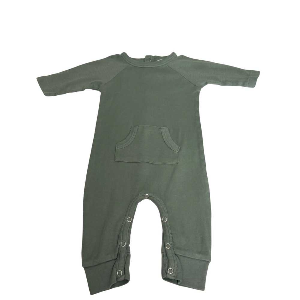 Kate Quinn Organic Cotton Romper 0-3M Sage Green Long Sleeve Kangaroo Pocket